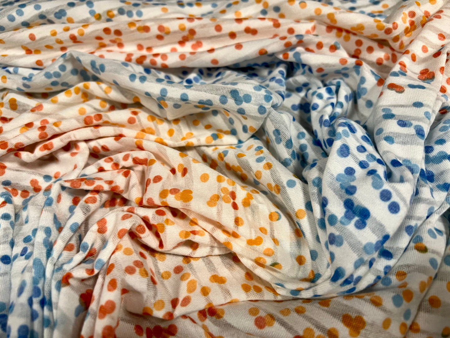 Lady K lightweight burnout single jersey fabric, per metre - ombré spots print - orange & blue