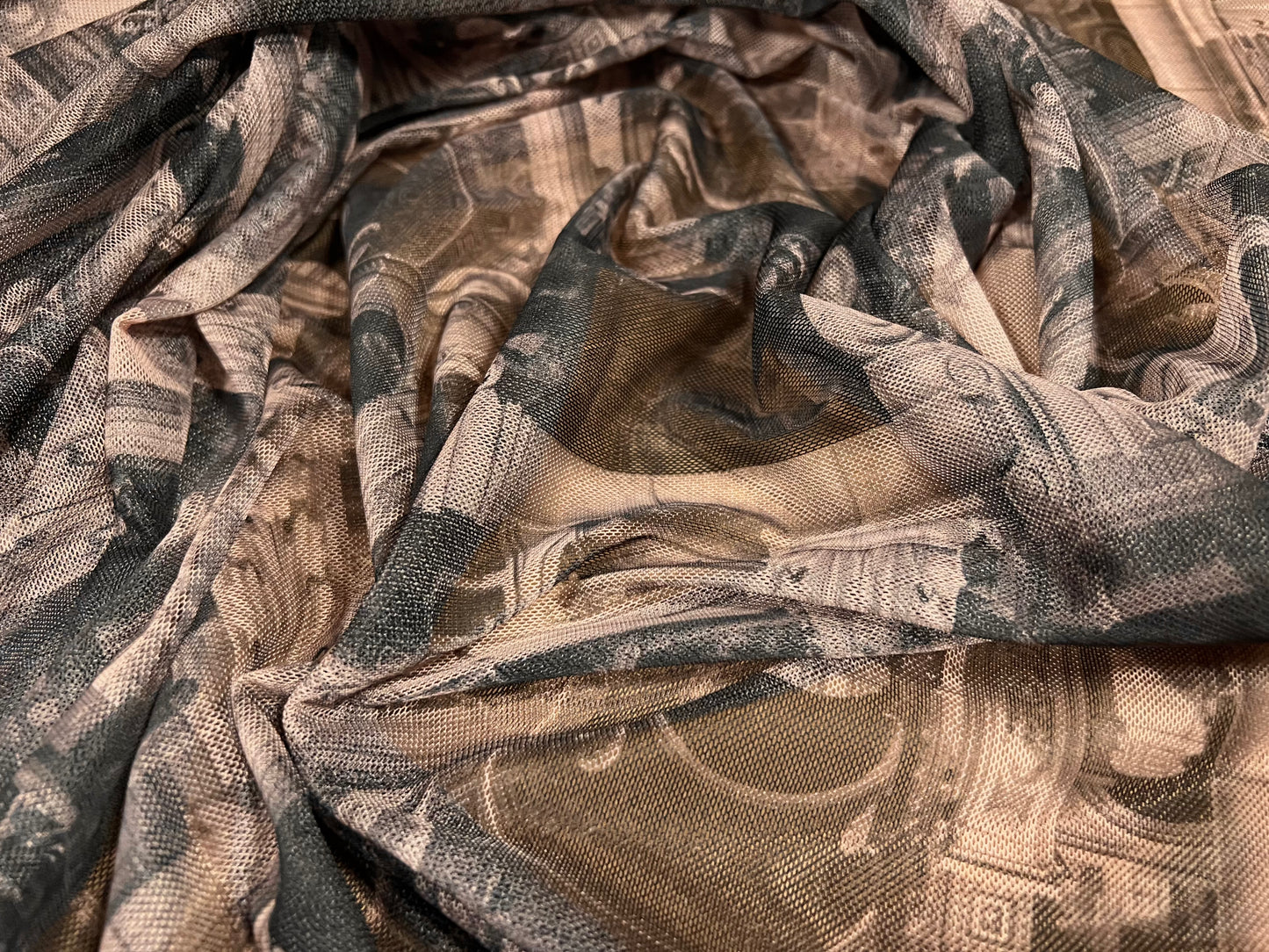 Power mesh net stretch spandex fabric, per metre - baroque buildings & columns print - nude & charcoal