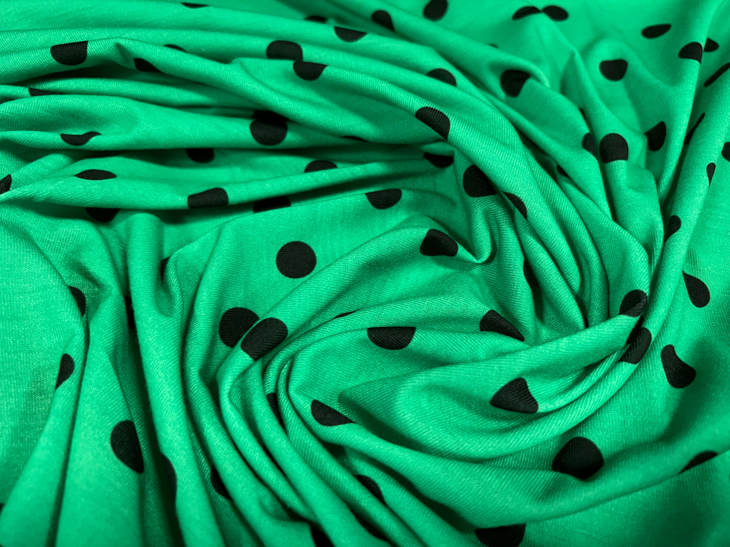Soft handle ringspun single jersey fabric, per metre - Polka dot print - green & black
