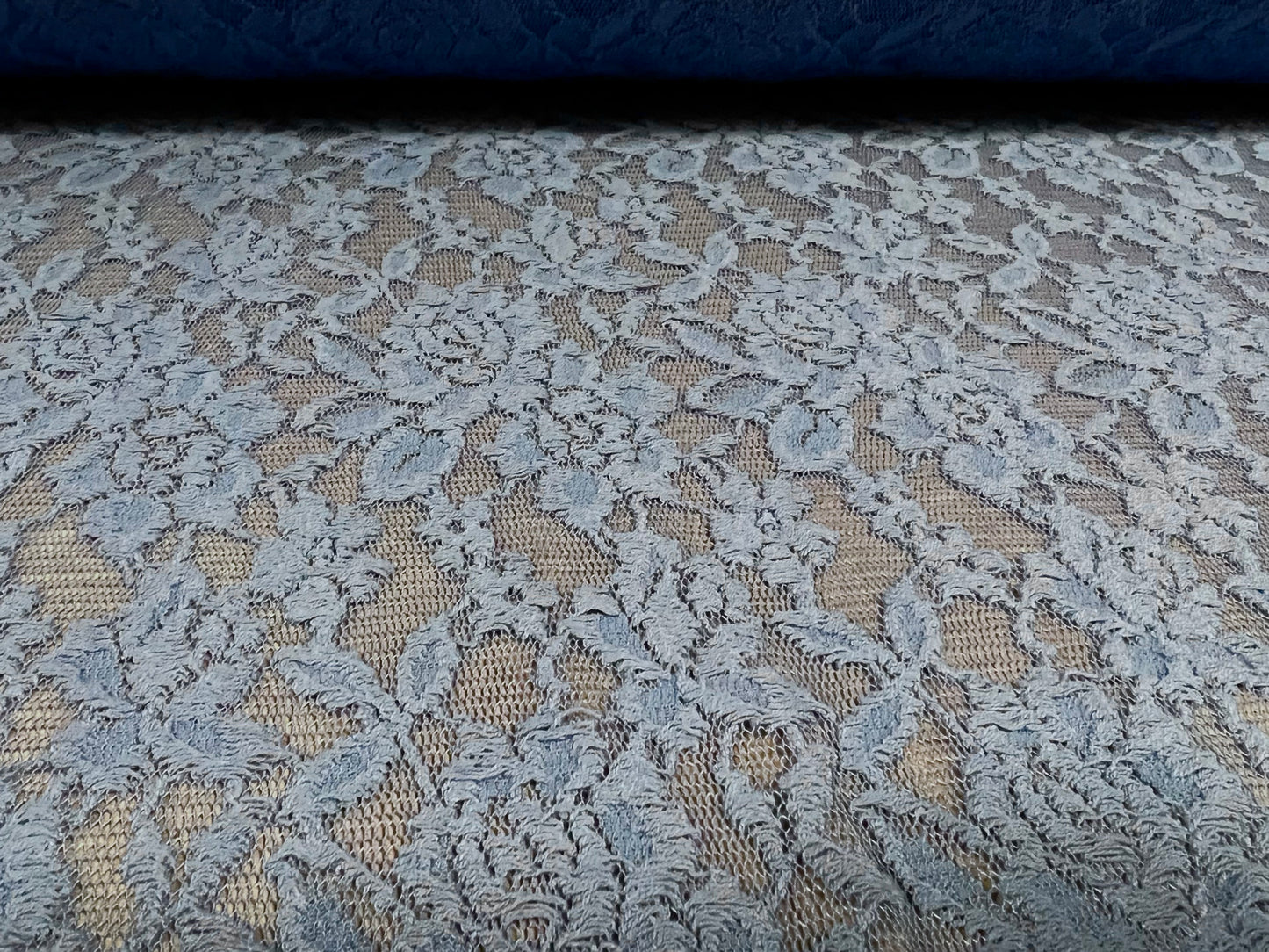 Floral lace fabric with scalloped selvedge, per metre - blue
