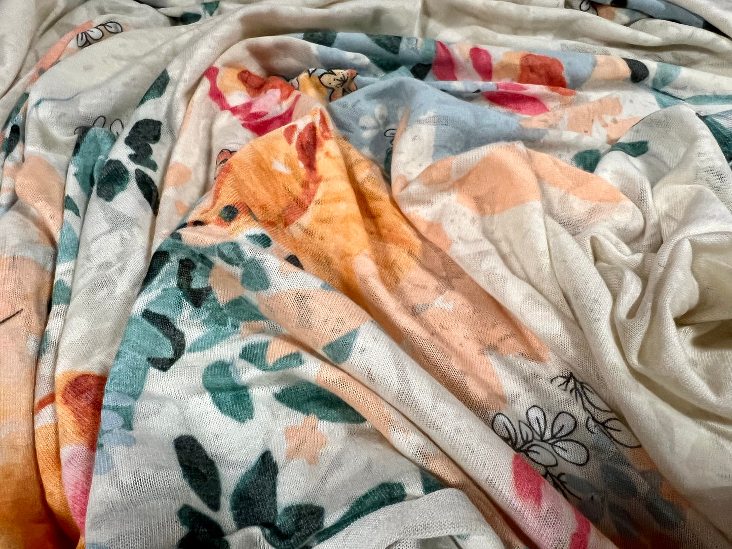 Lady K lightweight burnout single jersey fabric, per metre - leaves and flowers print - peach blue & cream