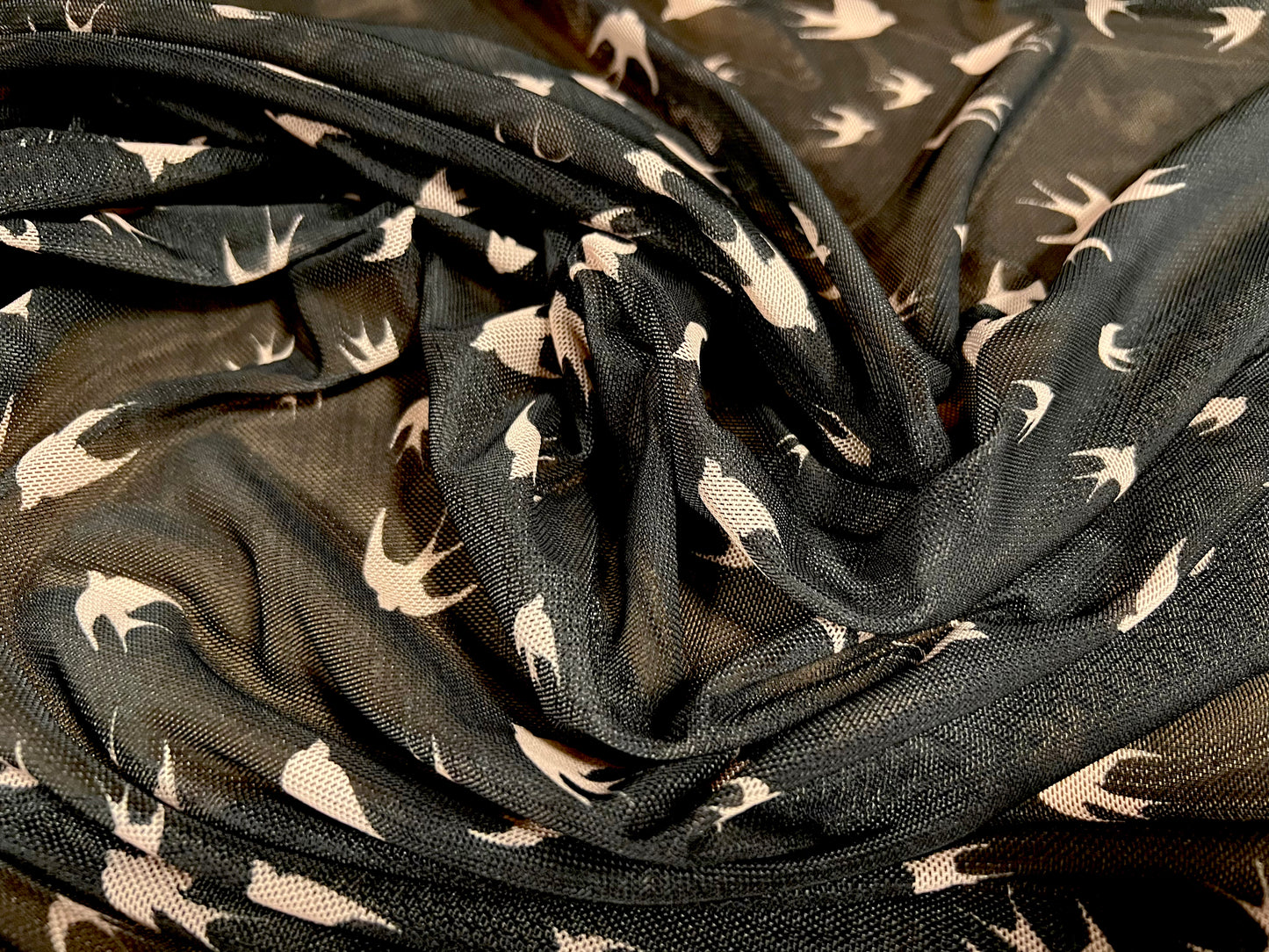 Power mesh net stretch spandex fabric, per metre - birds in flight print - black & nude
