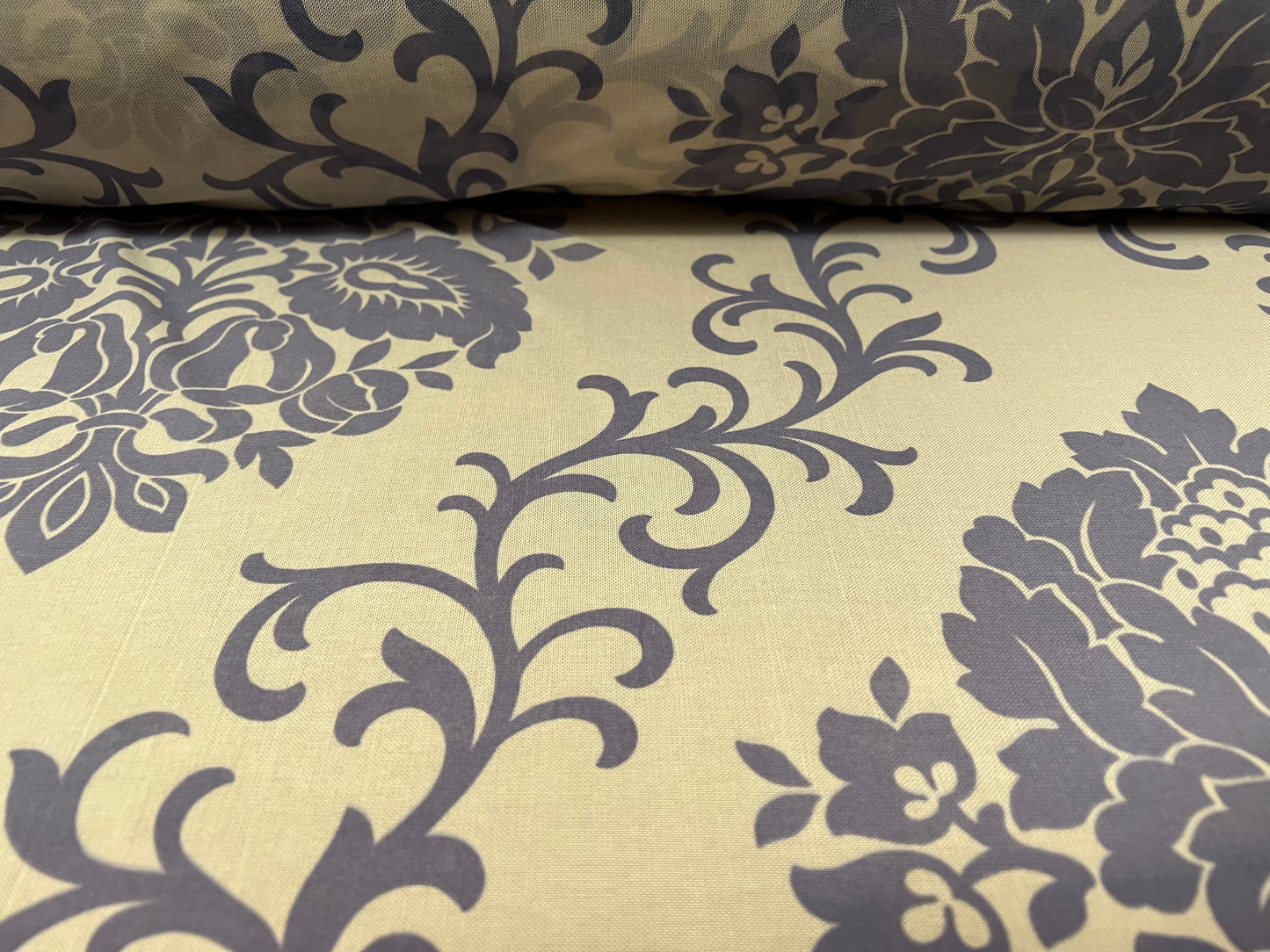 Power mesh net sheer stretch spandex fabric, per metre - damask print - vanilla & grey