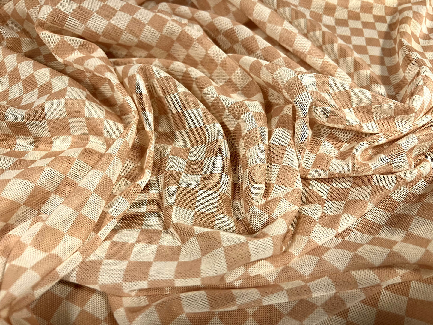 Power mesh net stretch spandex fabric, per metre - block check print - brown & cream