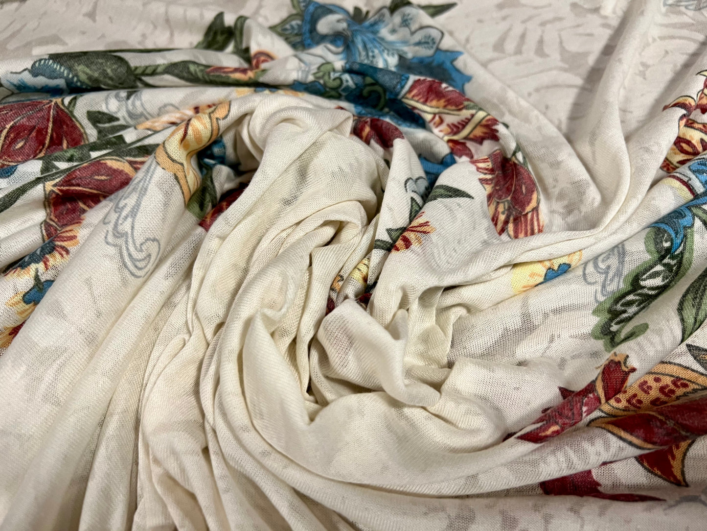 Lady K lightweight burnout single jersey fabric, per metre - double border floral paisley print - ecru & turquoise