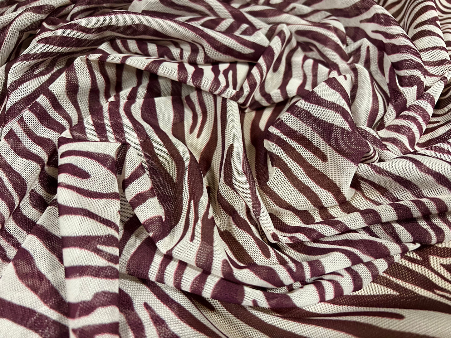 Power mesh net stretch spandex fabric, per metre - zebra animal print - plum & white