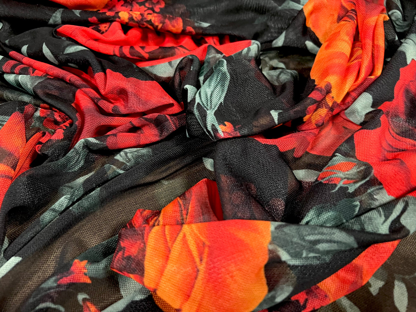Power mesh net stretch spandex fabric, per metre - rose flowers print - black red & orange