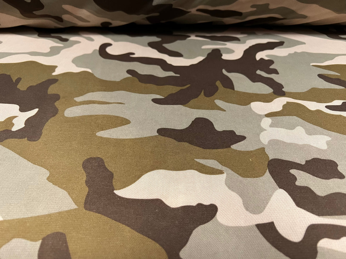 Power mesh net stretch spandex fabric, per metre - camouflage print - khaki & cream