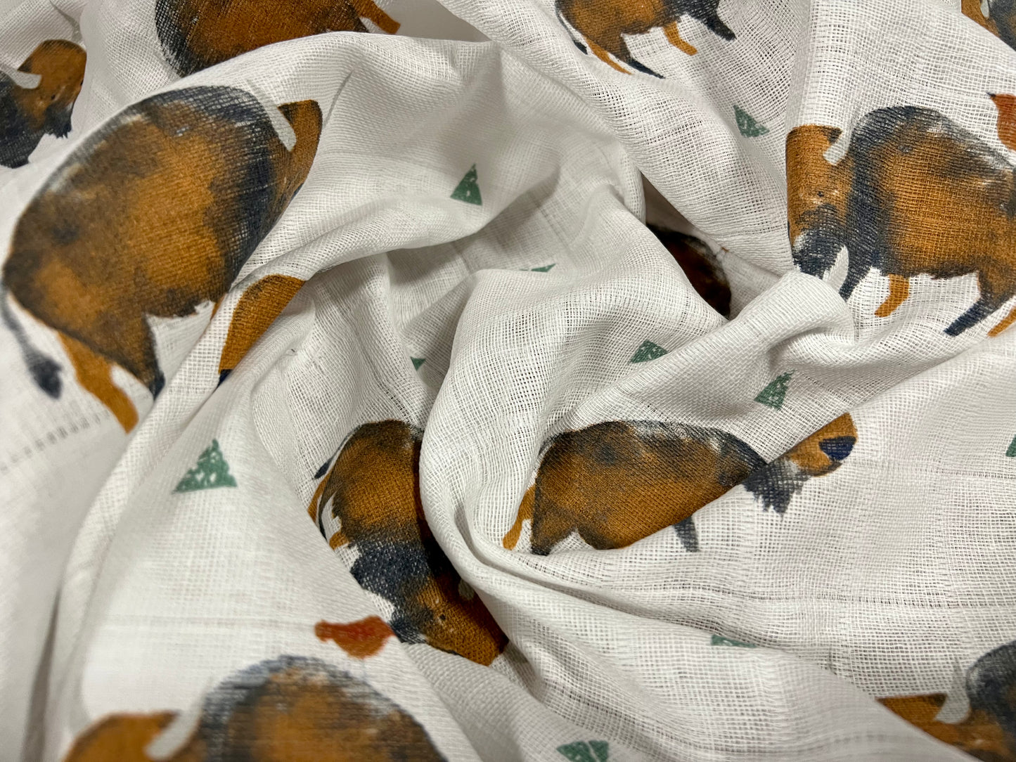 Muslin cotton woven dress fabric, per metre - buffalo print - white & brown