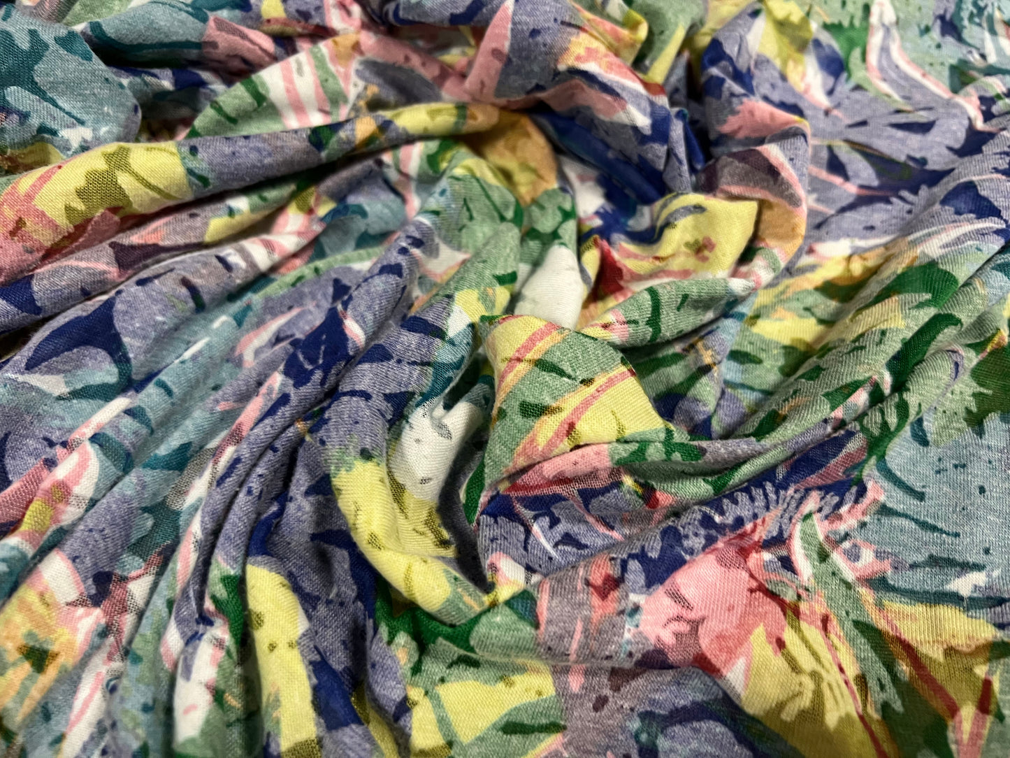 Lady K lightweight burnout single jersey fabric, per metre - leaves and flowers print - blue pink & green