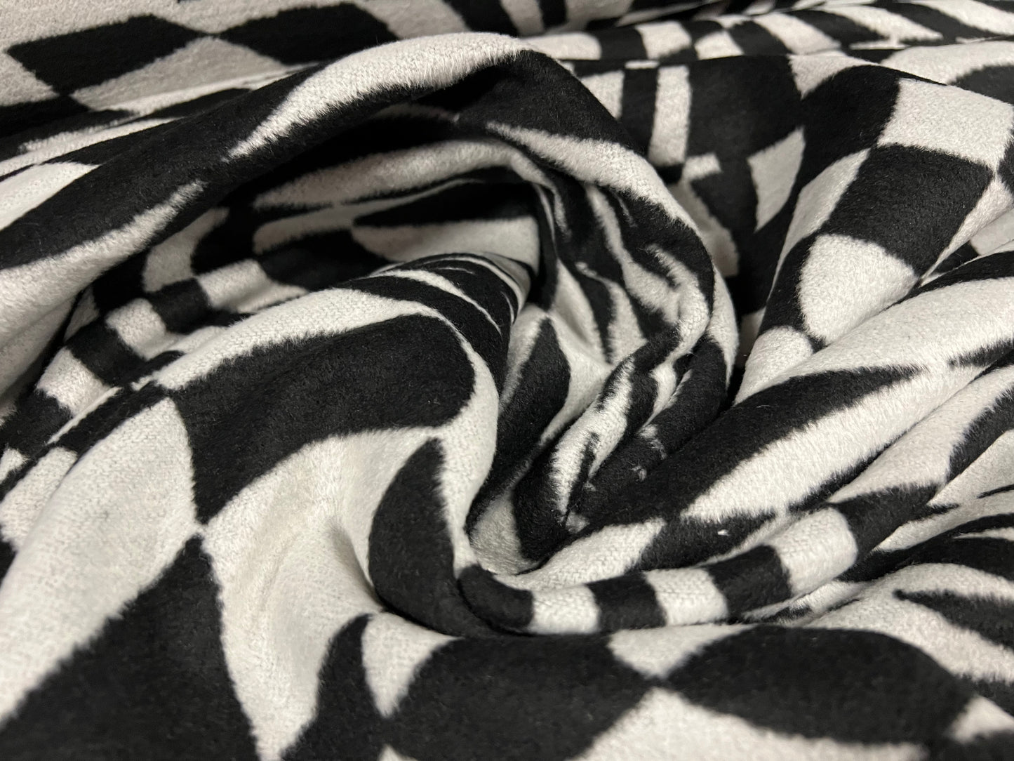 Wool mouflon flannel fabric, per metre - psychedelic swinging sixties jacquard - black & white