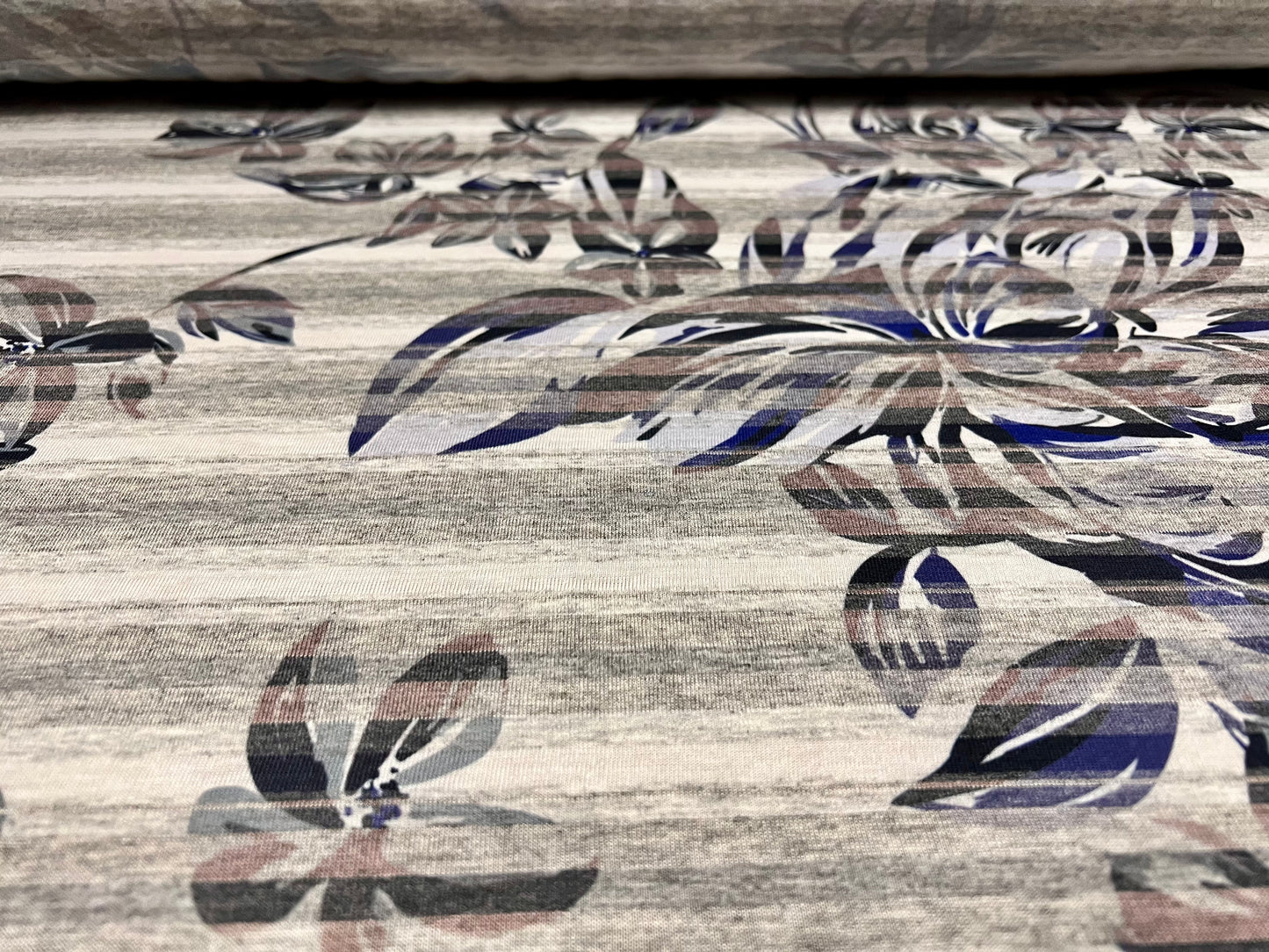 Soft handle ringspun single jersey fabric, per metre - floral stripe print - grey marl violet & pink