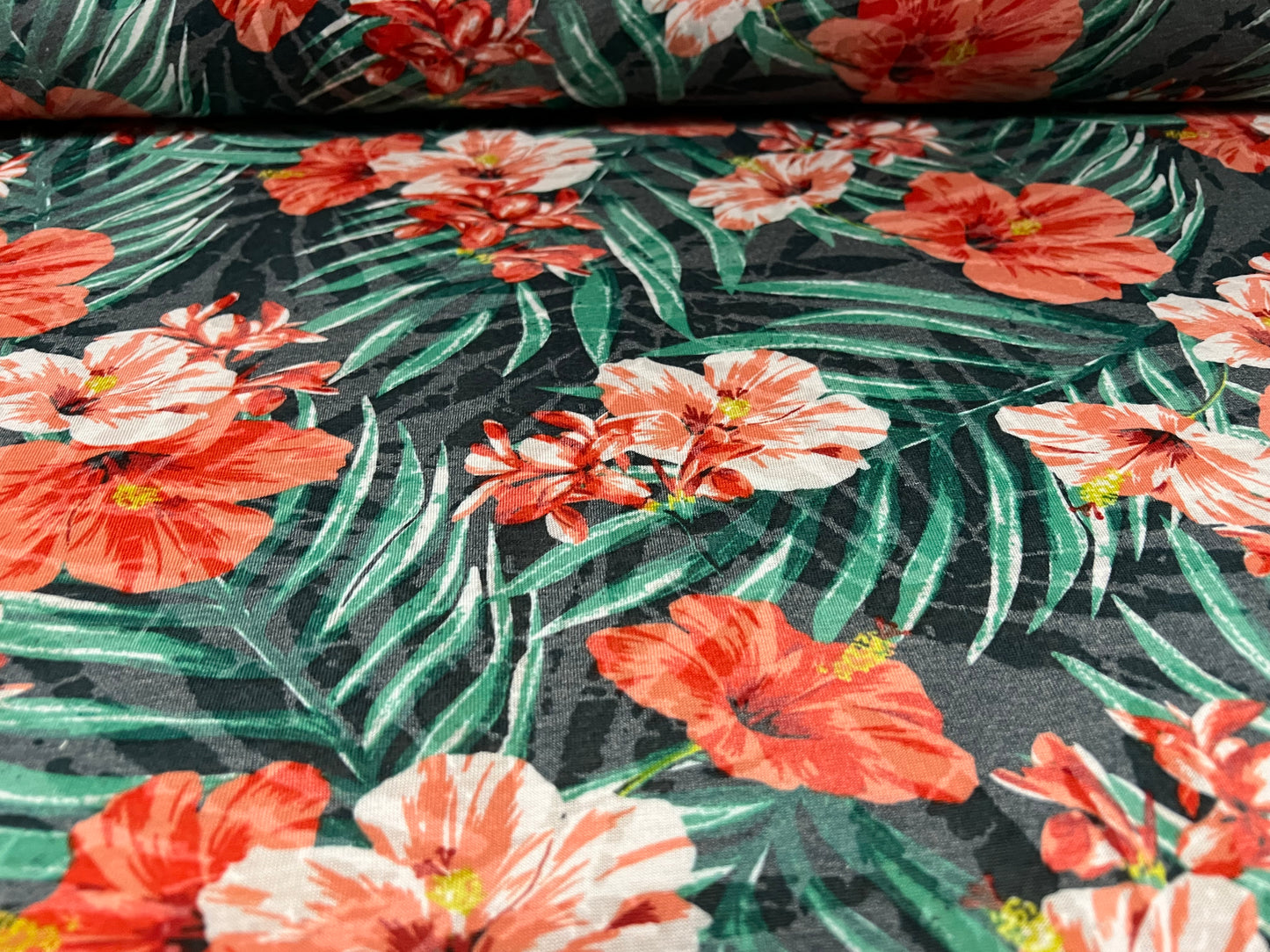 Lady K lightweight burnout single jersey fabric, per metre - jungle flower print - green & orange