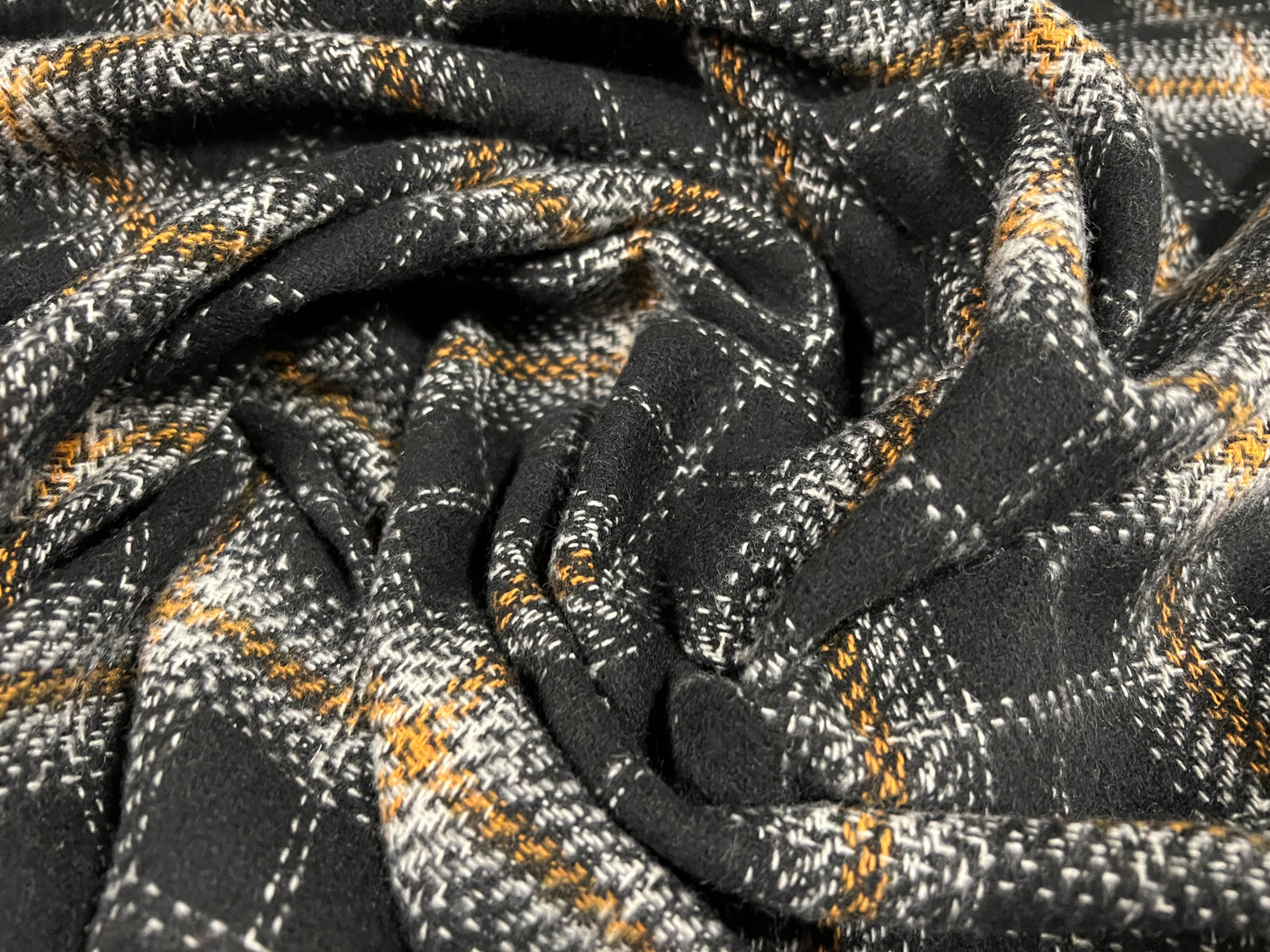 Wool mouflon flannel fabric, per metre - tartan check - black & amber