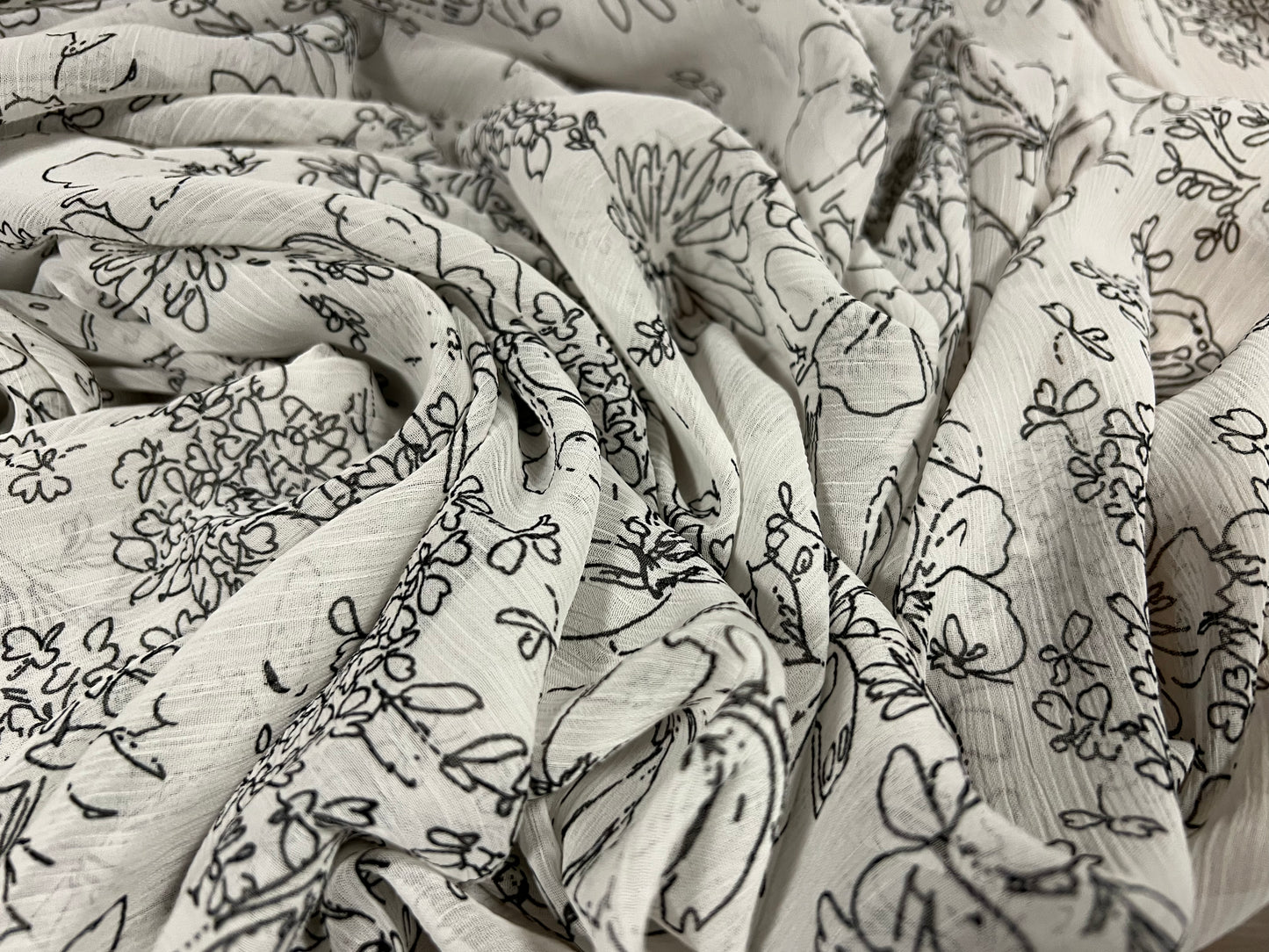 Printed chiffon yoryu dress blouse fabric, per metre - outline flower print - white & black