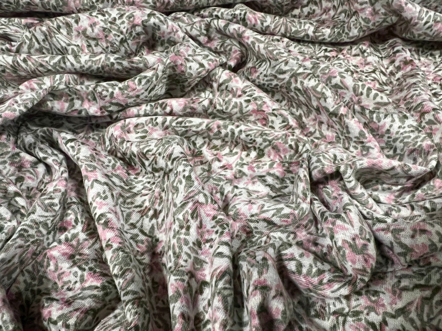 Lady K lightweight burnout single jersey fabric, per metre - ditsy leaf print - khaki & pink
