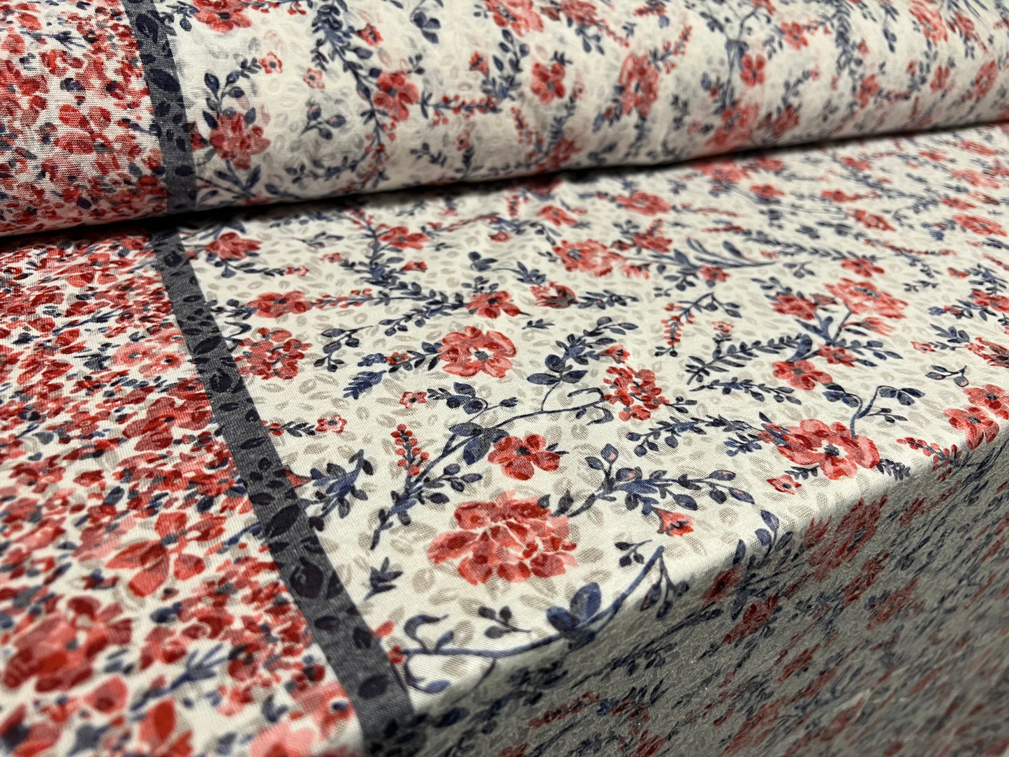 Lady K lightweight burnout single jersey fabric, per metre - floral double border print - red white & navy