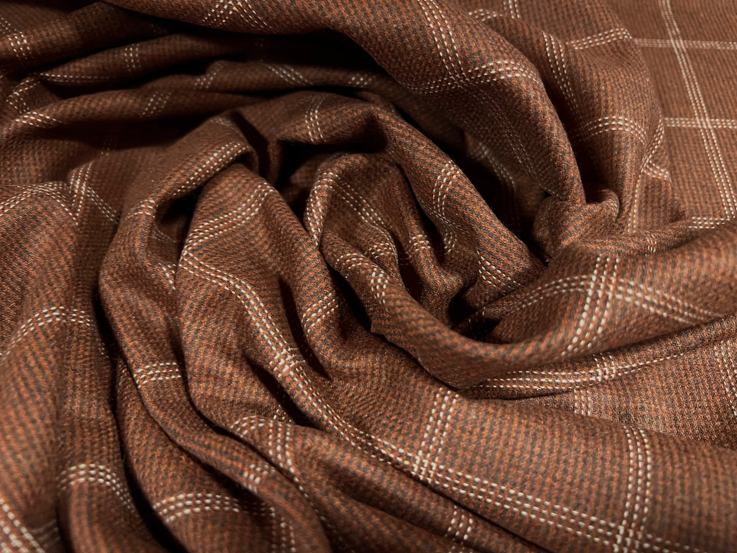 Wool blend tweed woven suit jacket fabric, per metre - matrix check jacquard - chestnut brown