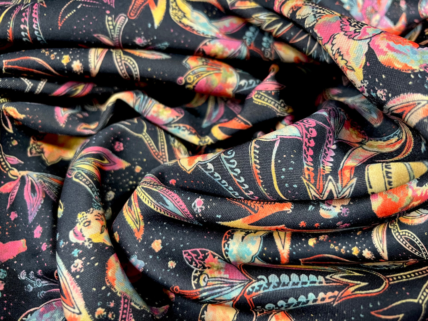 Scuba neoprene style double jersey stretch spandex fabric, per metre - tropical flowers - black & rainbow