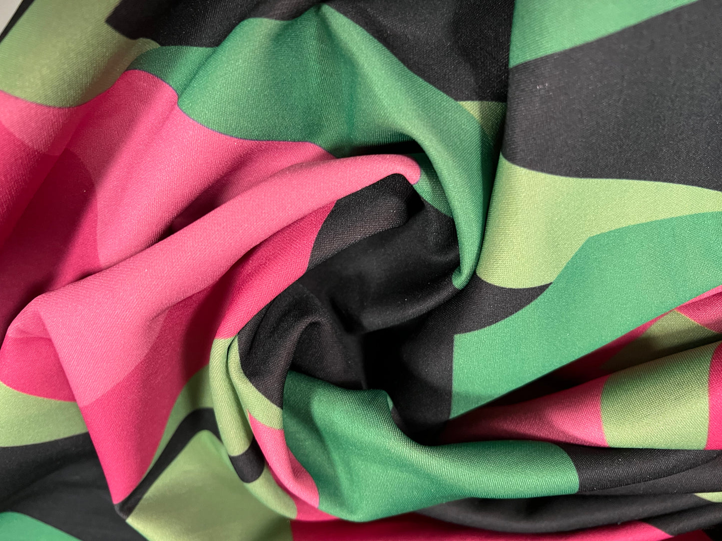 Scuba double jersey stretch spandex fabric, per metre - 80s retro shapes print - hot pink & green
