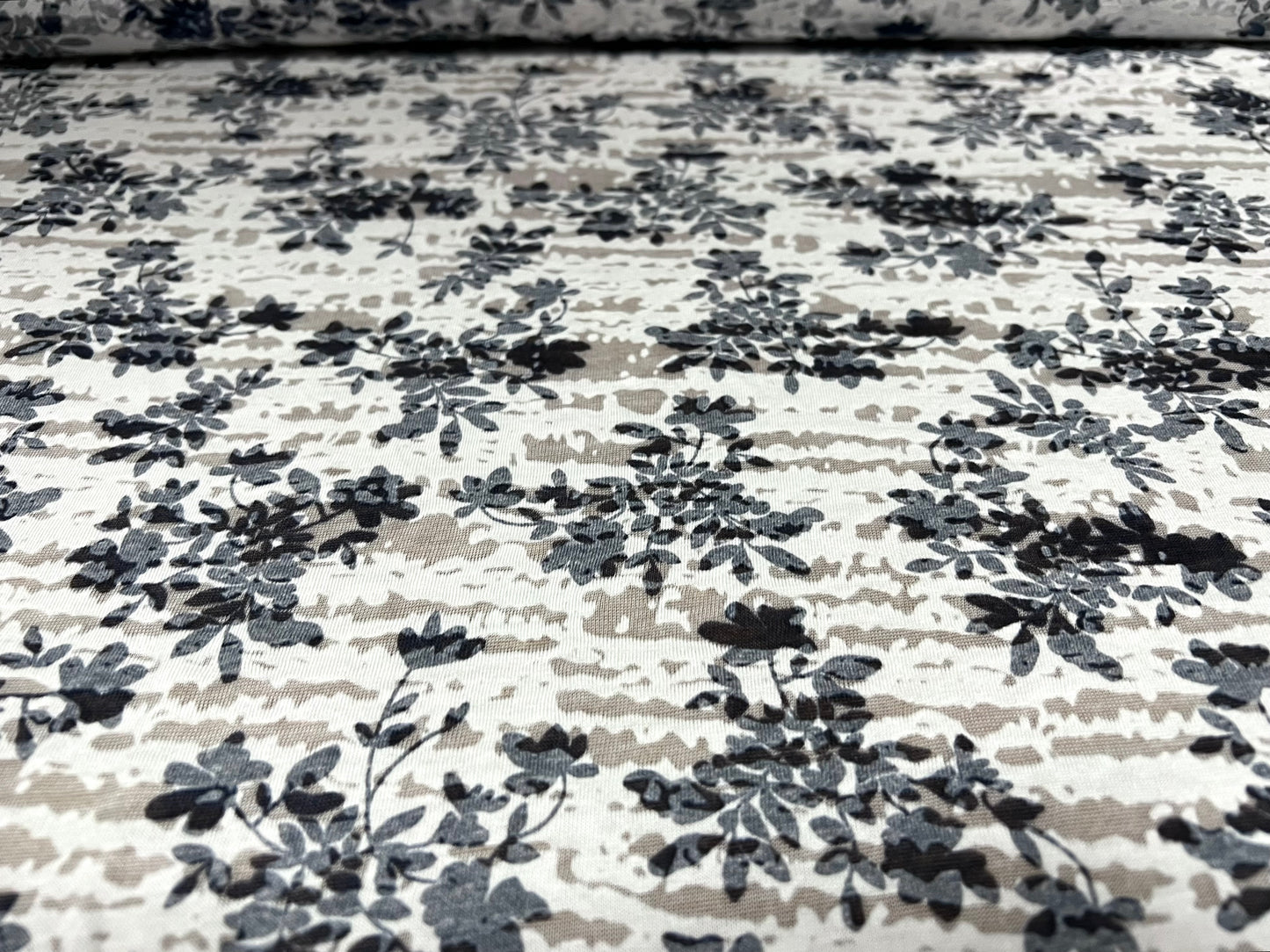 Lady K lightweight burnout single jersey fabric, per metre - abstract floral print - white & blue
