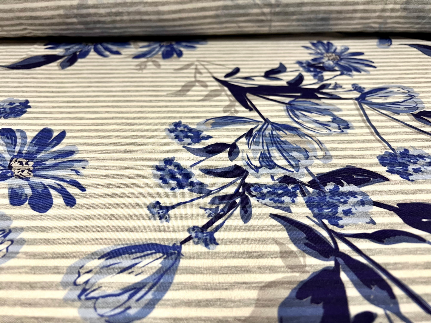 Soft handle single jersey fabric, per metre - floral stripe print - grey & blue