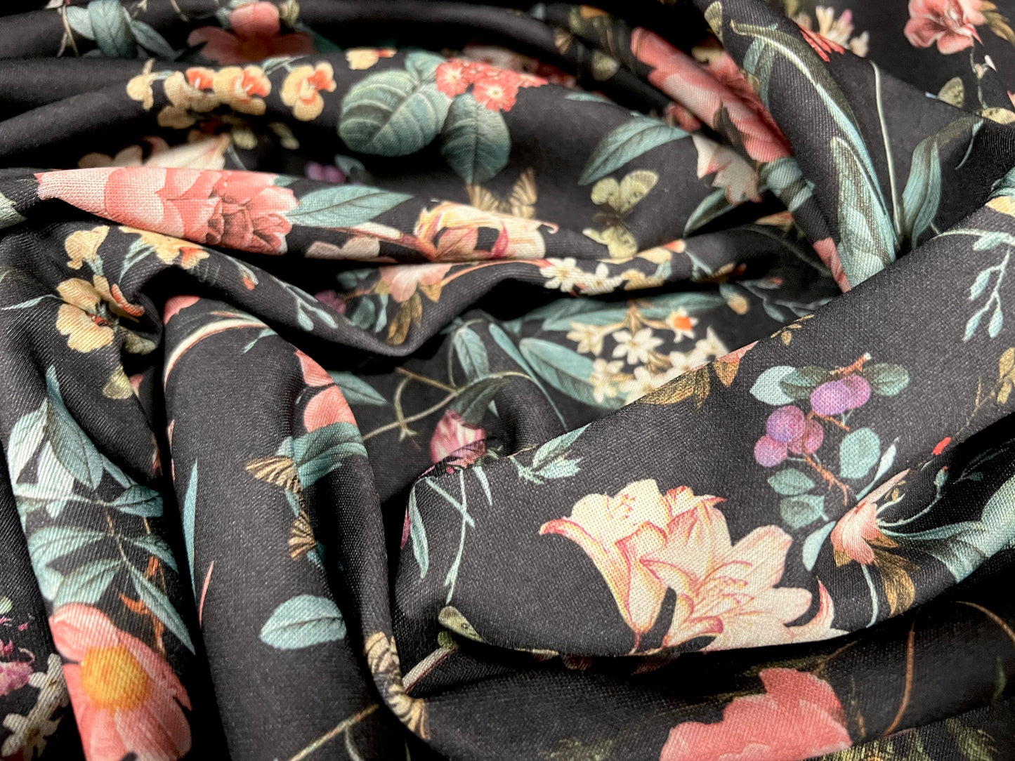 Scuba stretch spandex double jersey fabric, per metre - floral print - charcoal grey
