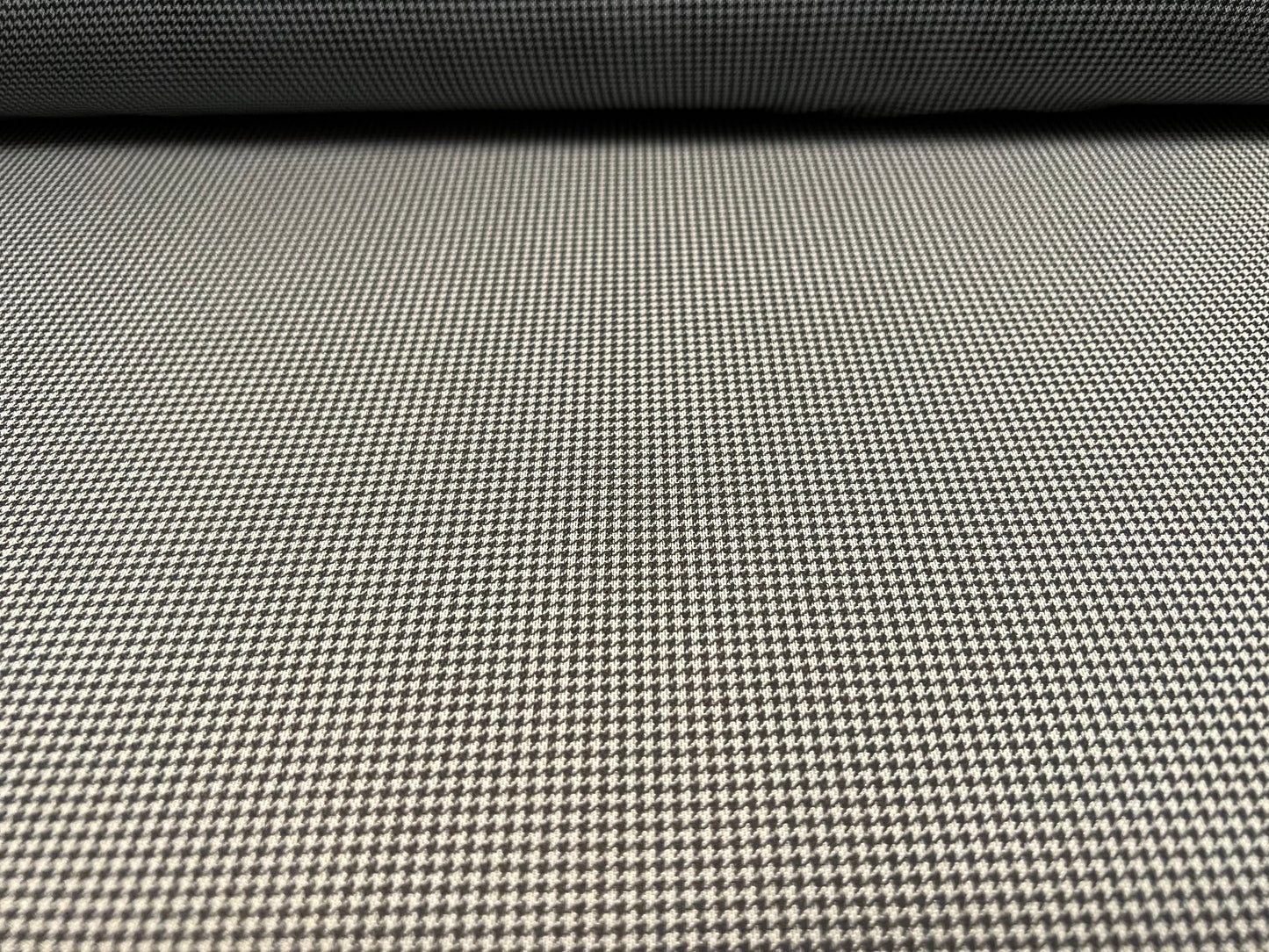 Power mesh net sheer stretch fabric, per metre - puppytooth print - grey & white