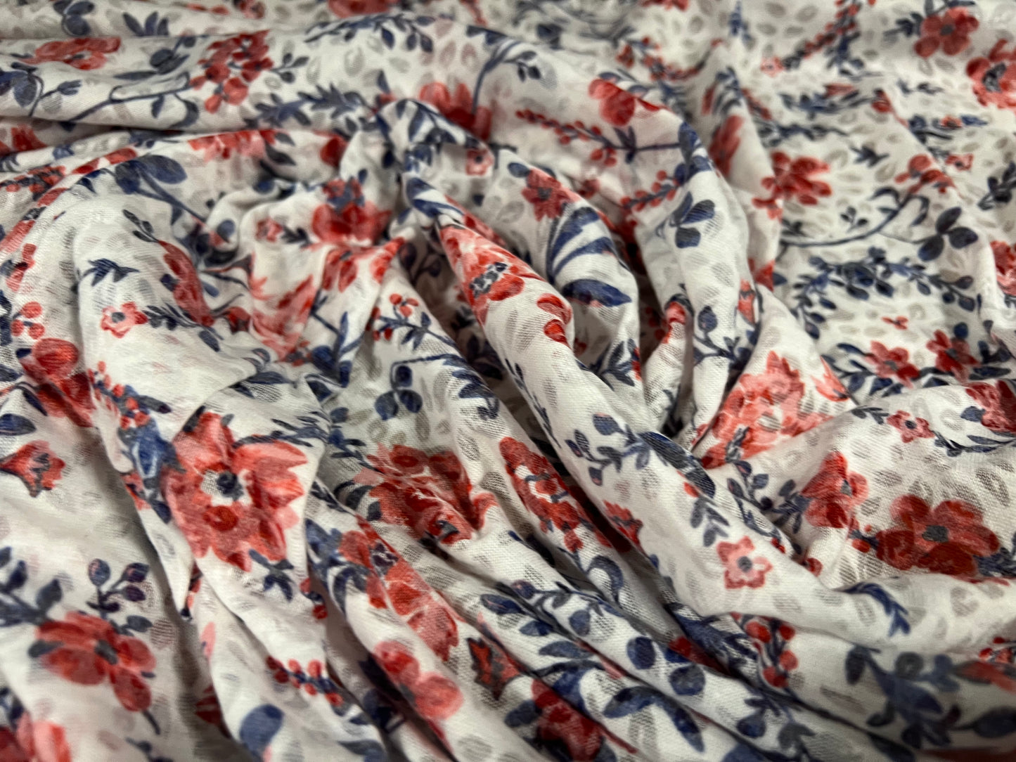 Lady K lightweight burnout single jersey fabric, per metre - floral double border print - red white & navy
