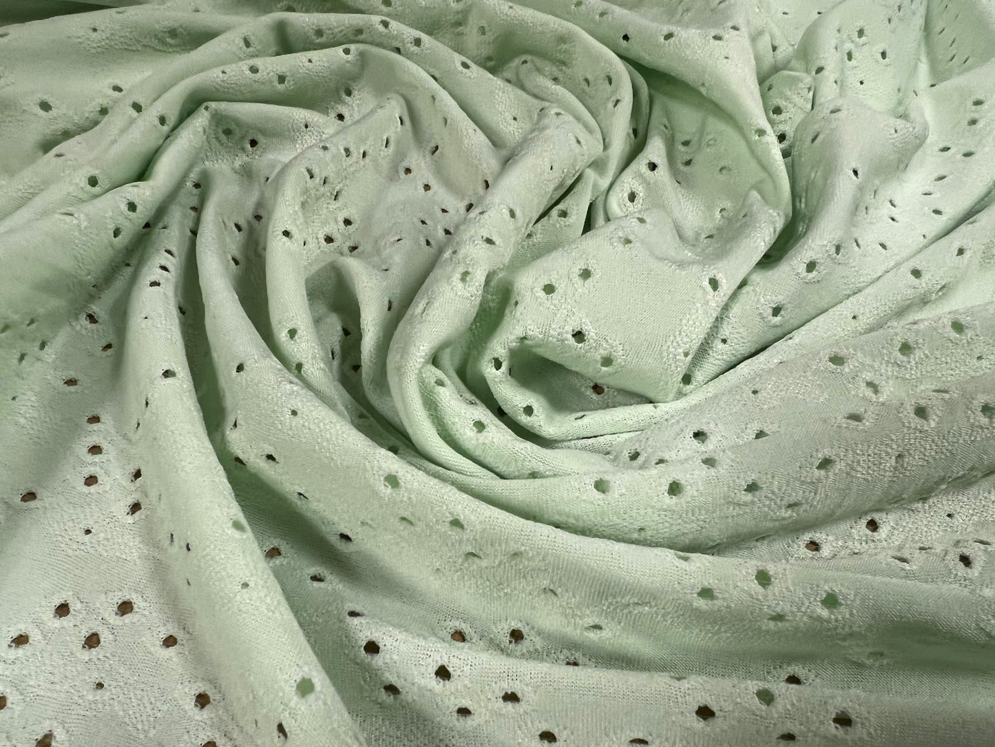 Broderie anglaise stretch spandex jersey fabric, per metre - mint green