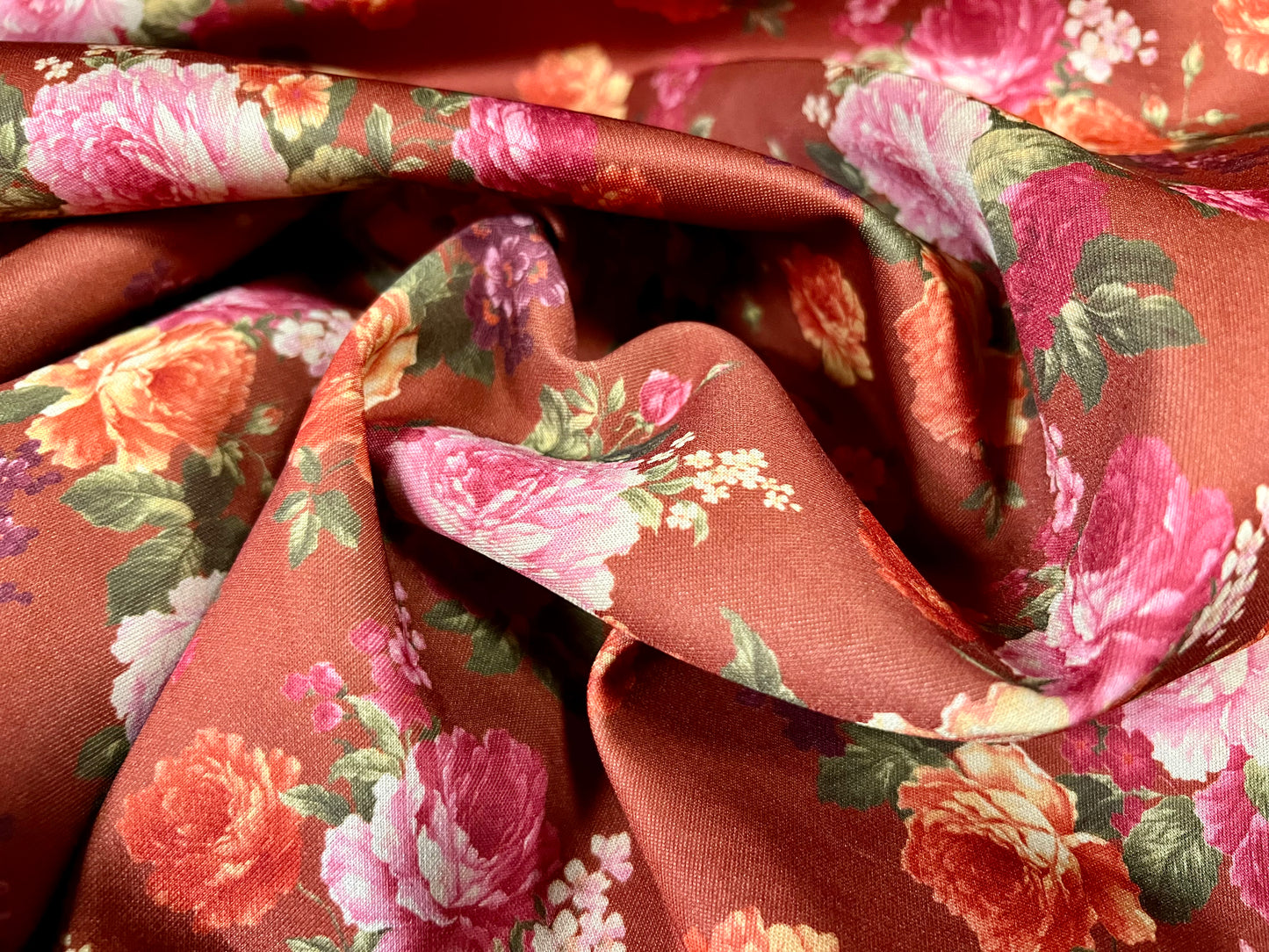 Scuba stretch spandex neoprene style jersey fashion fabric, per metre - rose flower print - barn red