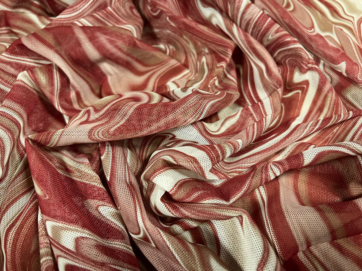 Power mesh net stretch spandex fabric, per metre - retro swirl print - wine & cream