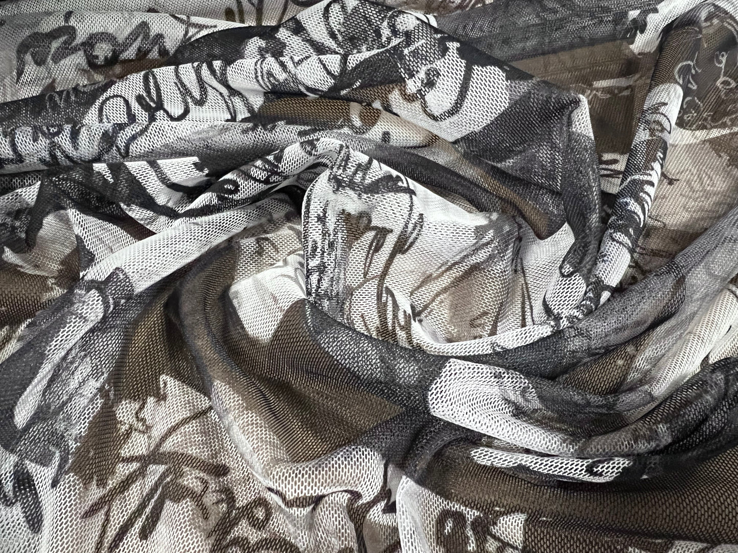 Mesh net sheer fabric, per metre - scribble print - charcoal grey & white