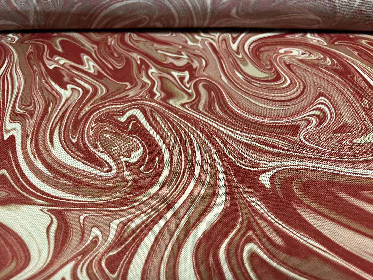 Power mesh net stretch spandex fabric, per metre - retro swirl print - wine & cream