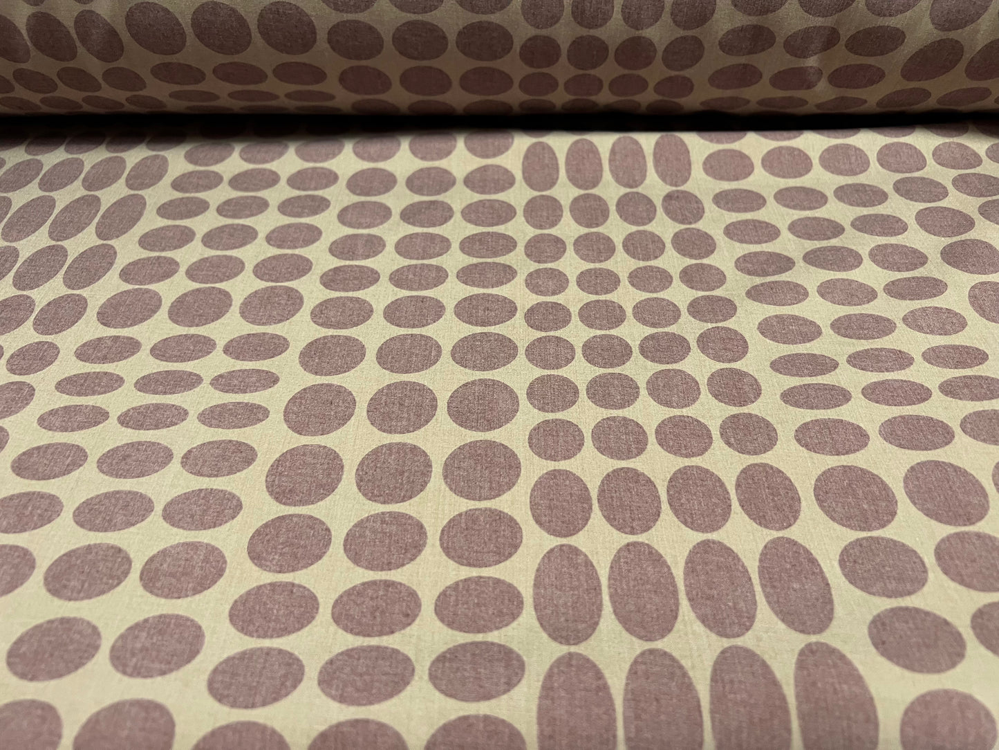 Cotton blend woven dress fabric, per metre - geometric circles print - stone & mauve
