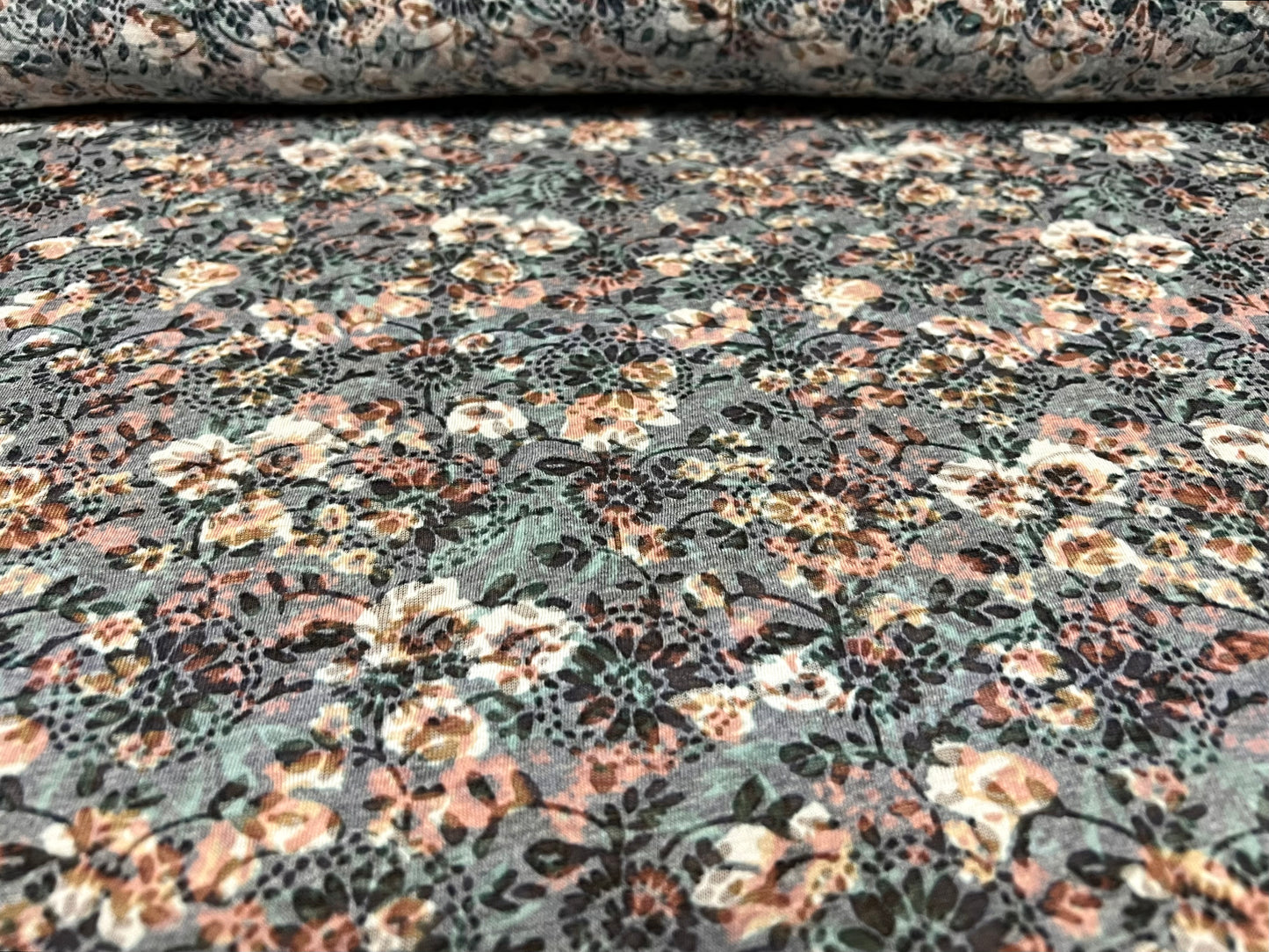Lady K lightweight burnout single jersey fabric, per metre - floral print - grey blue & pink