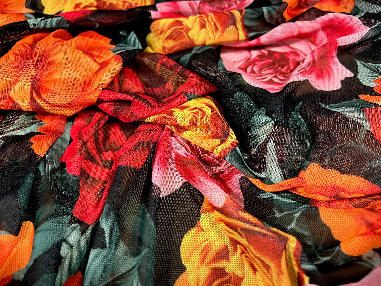 Power mesh net stretch spandex fabric, per metre - rose floral print - multicolour