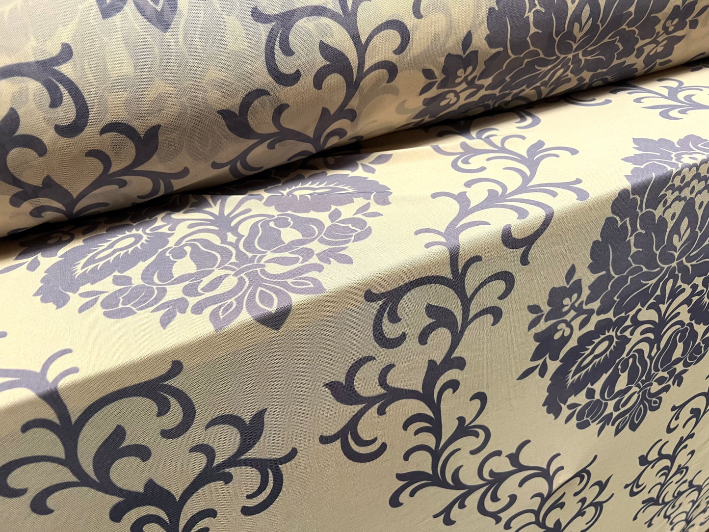Power mesh net sheer stretch spandex fabric, per metre - damask print - vanilla & grey