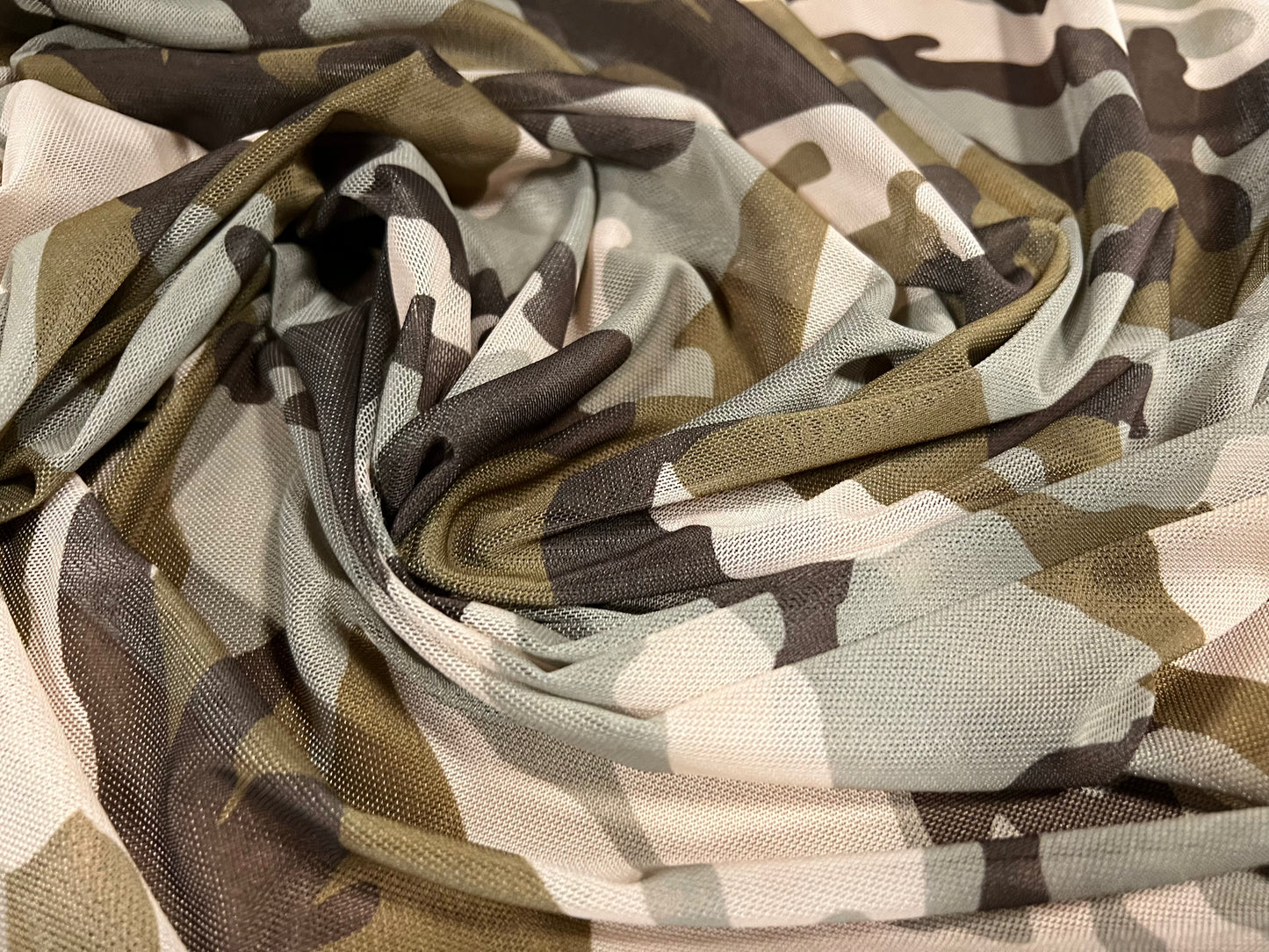 Power mesh net stretch spandex fabric, per metre - camouflage print - khaki & cream