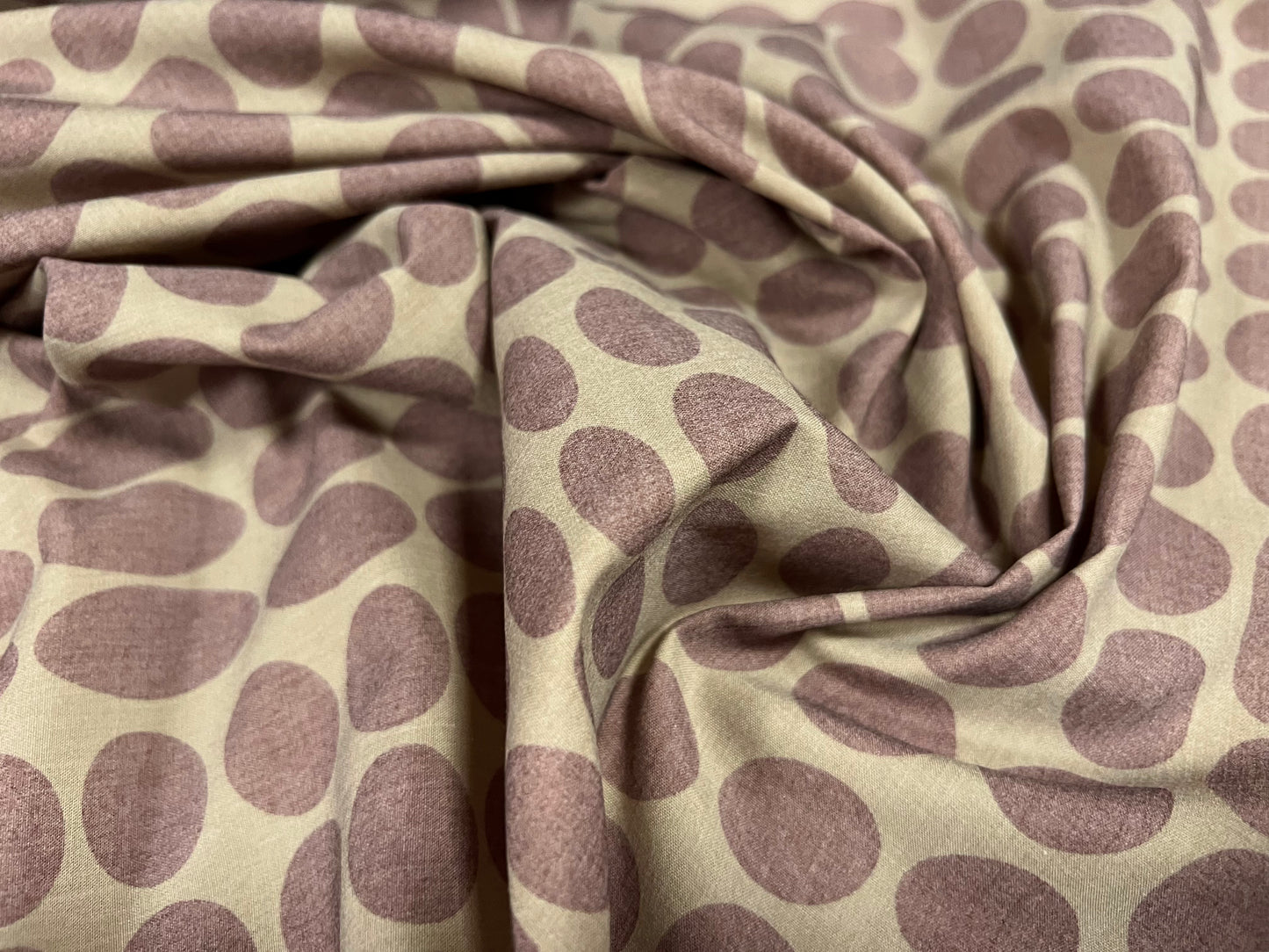 Cotton blend woven dress fabric, per metre - geometric circles print - stone & mauve