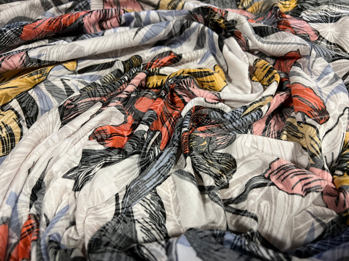 Lady K lightweight burnout single jersey fabric, per metre - lily flowers print - multicolour