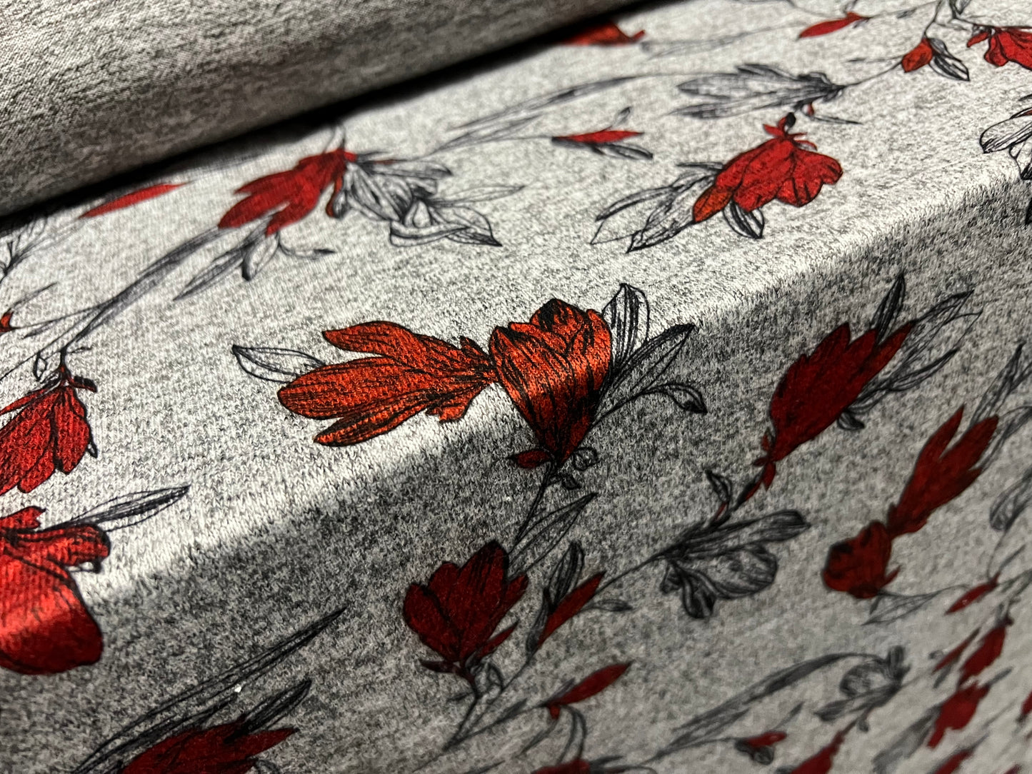 Super soft knitwear jersey fabric, per metre - flower print - grey marl & rust