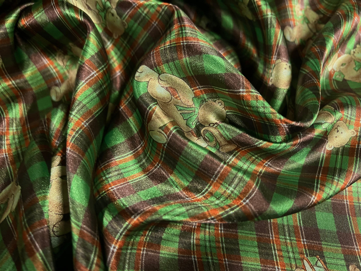 Silky satin woven fabric, per metre - tartan teddy bear print - green & orange