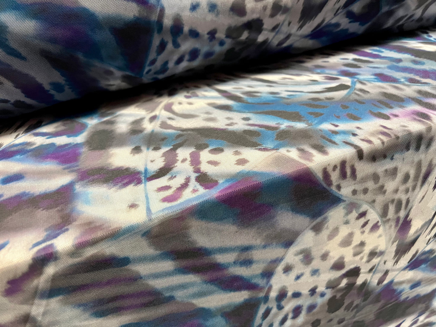 Power mesh net sheer stretch spandex fabric, per metre - distressed cheetah print - blue & purple