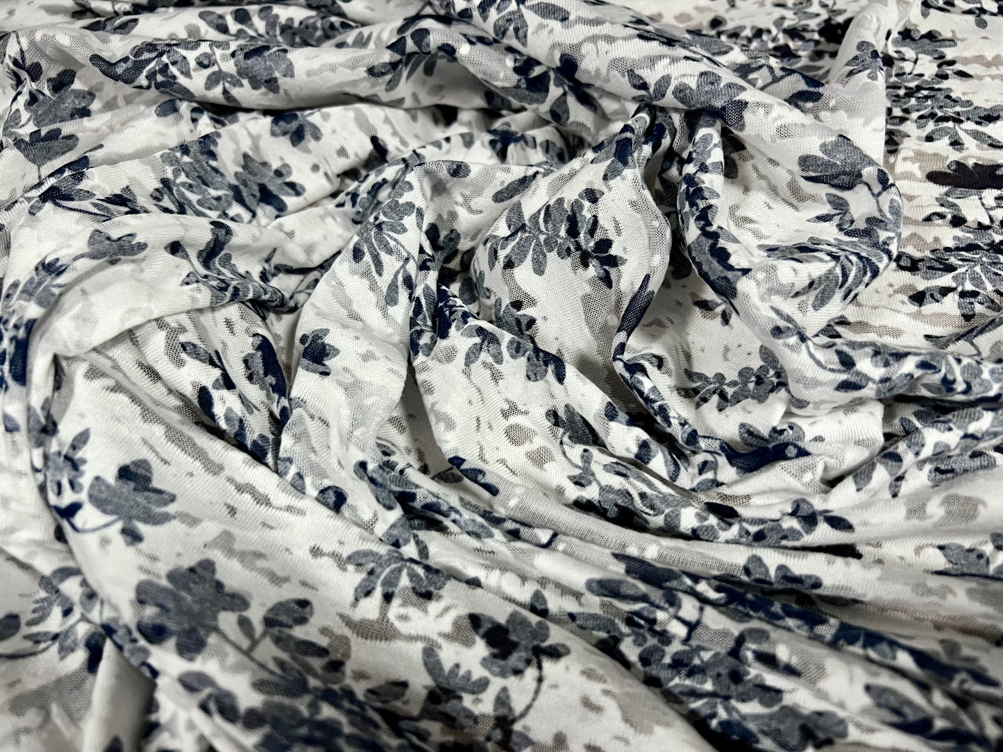 Lady K lightweight burnout single jersey fabric, per metre - abstract floral print - white & blue
