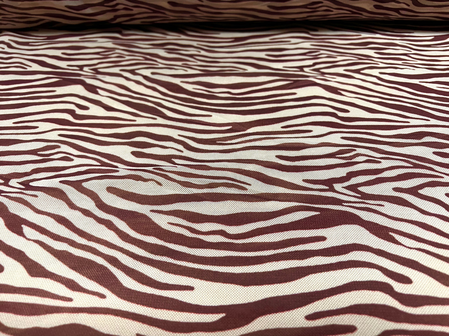 Power mesh net stretch spandex fabric, per metre - zebra animal print - plum & white
