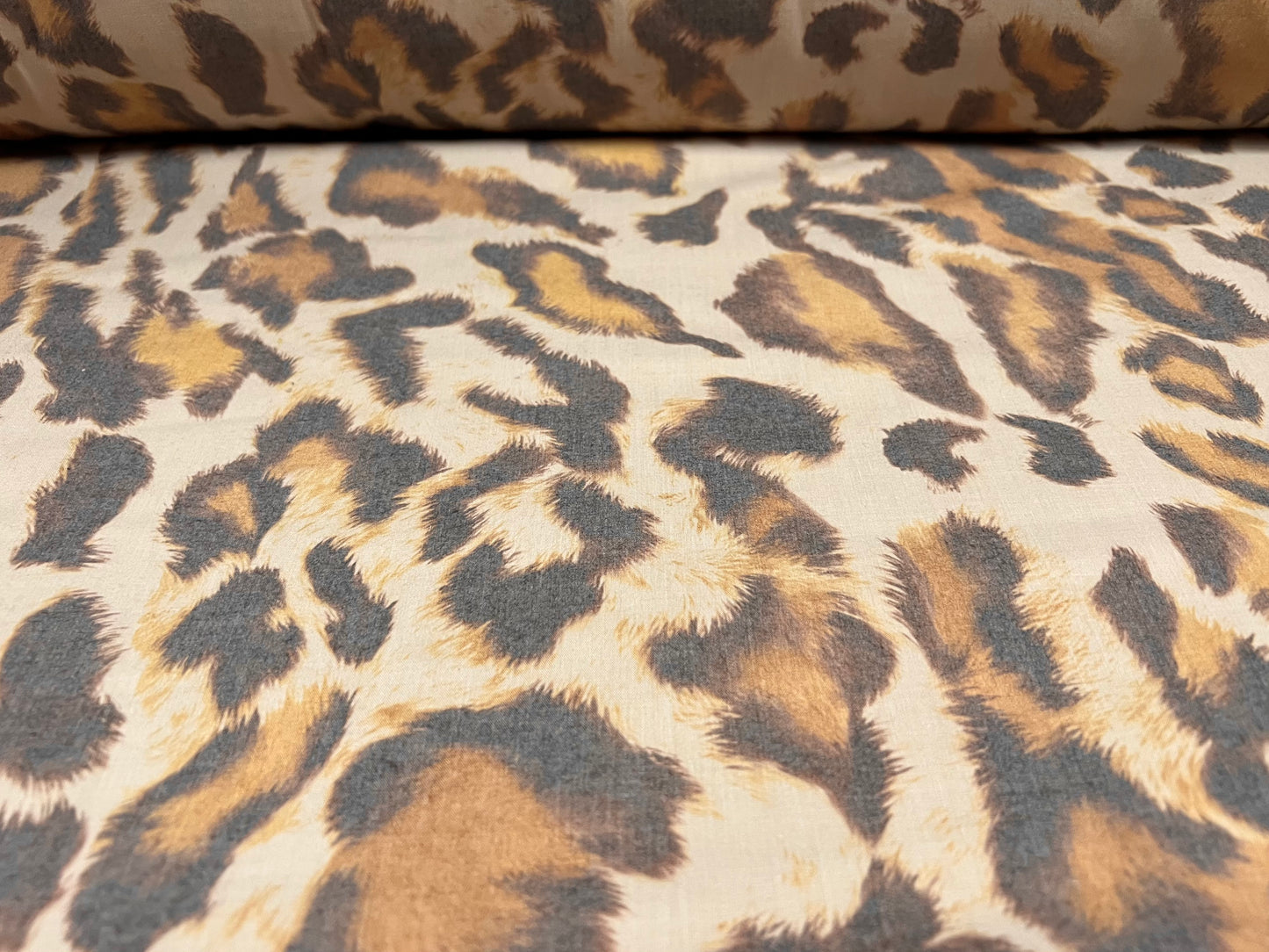 Cotton blend woven dress fabric, per metre - leopard print - stone & amber