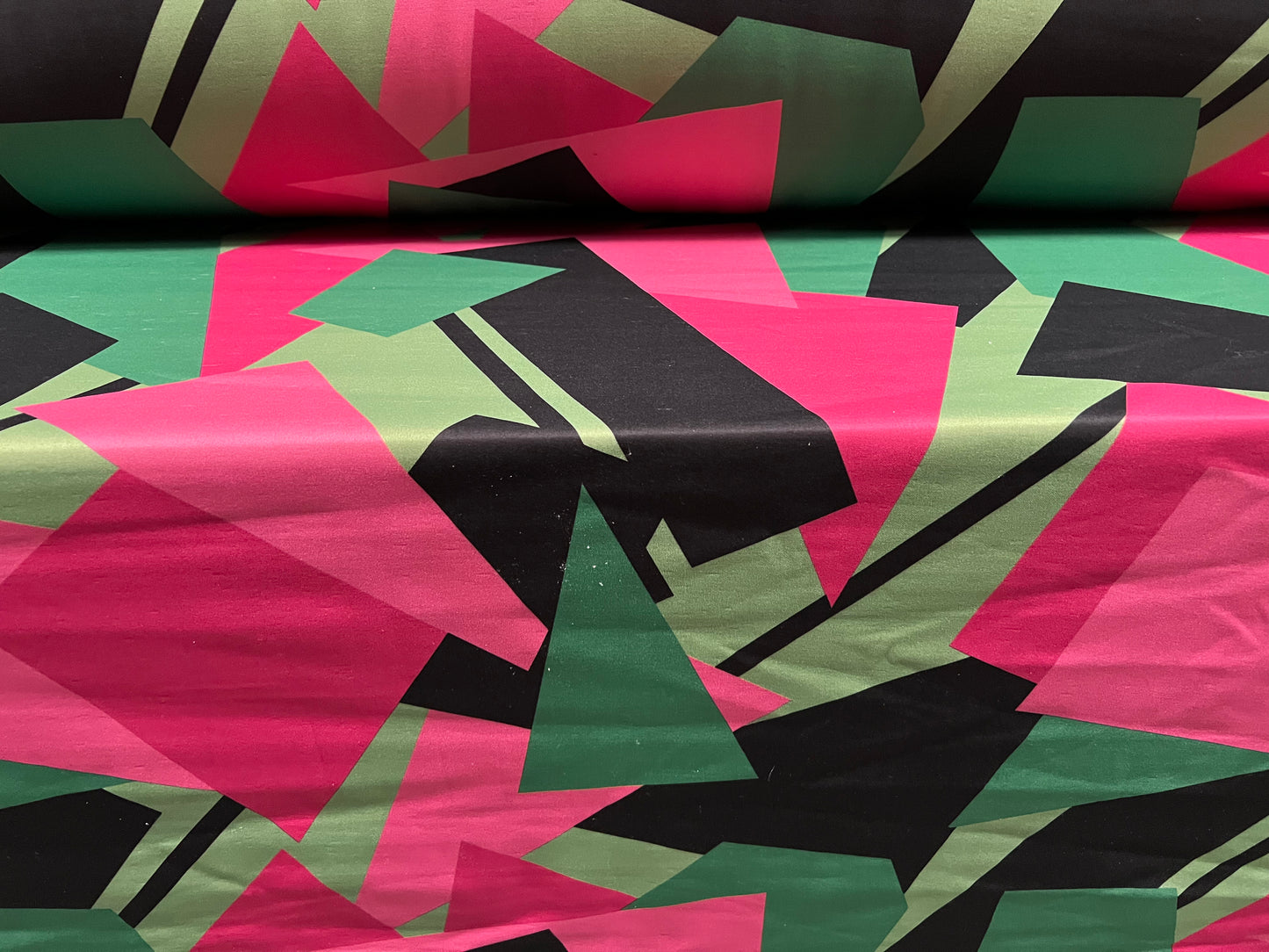 Scuba double jersey stretch spandex fabric, per metre - 80s retro shapes print - hot pink & green