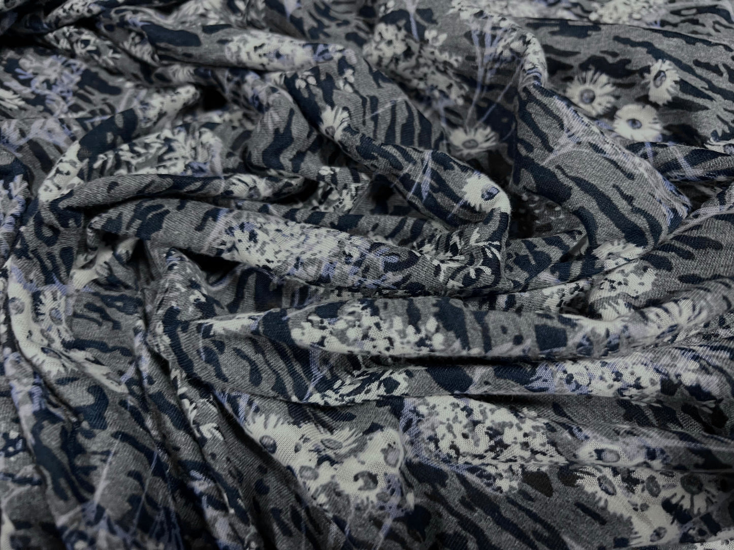 Lady K lightweight burnout single jersey fabric, per metre - daisy floral bouquet print - blue grey