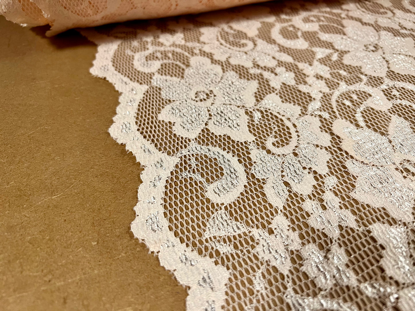 4 way Stretch lace floral dress fabric, per metre - scalloped selvedge - Peach blush